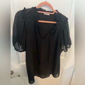 Pleione Nordstrom Women’s Black Ruffle Crepe Tie Front V Neck Blouse Office Wear
